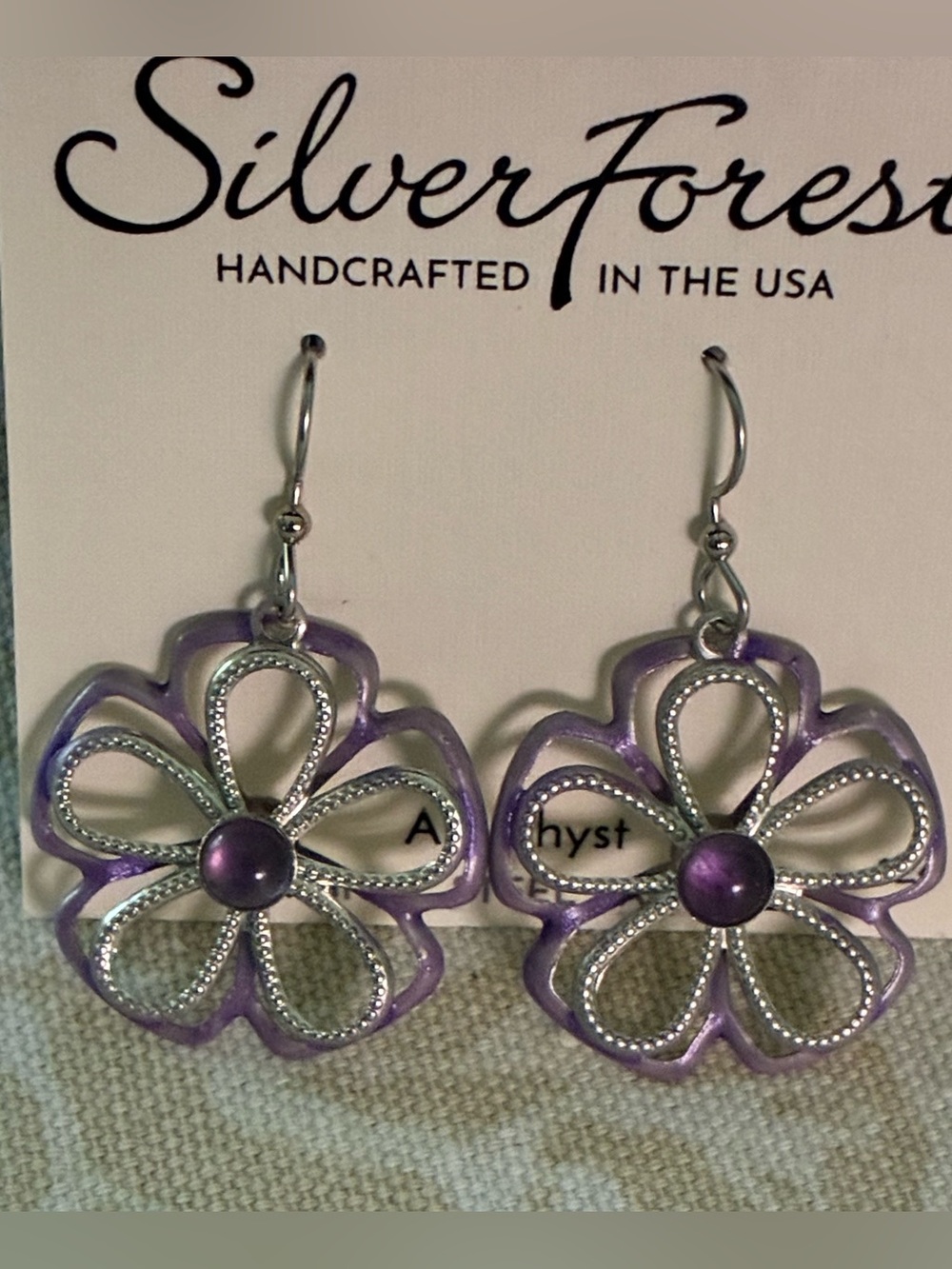 New Silver Forest Earrings Amethyst Silver Tone Dangle Wire Surgical Steel